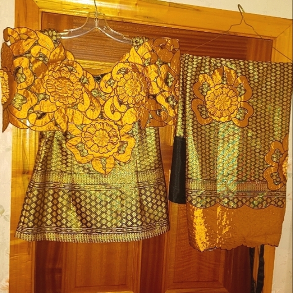 👑Beautiful 3Pc.GoldenBronze & Black Floral Homeland Authentics Ensemble Sz.14